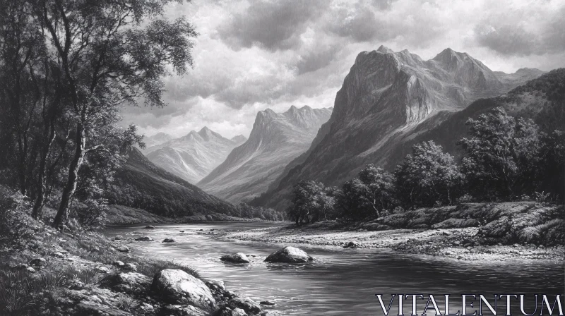 AI ART Peaceful Monochrome Valley with Flowing River