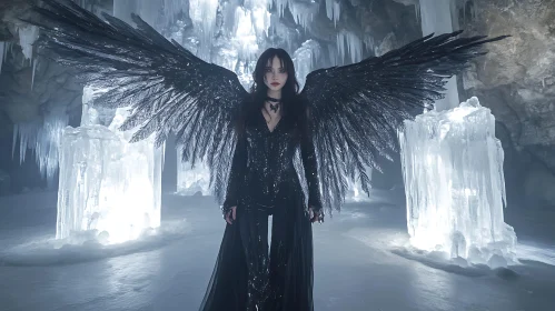 Dark Angel with Wings in Ice Cave