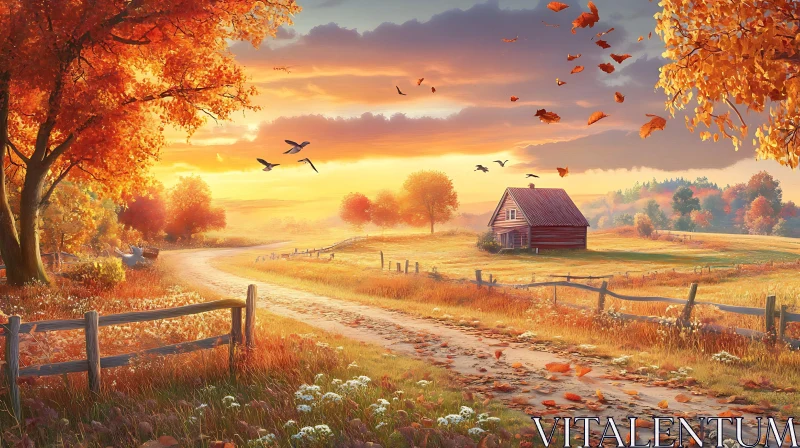 Peaceful Autumn Cabin Scene AI Image