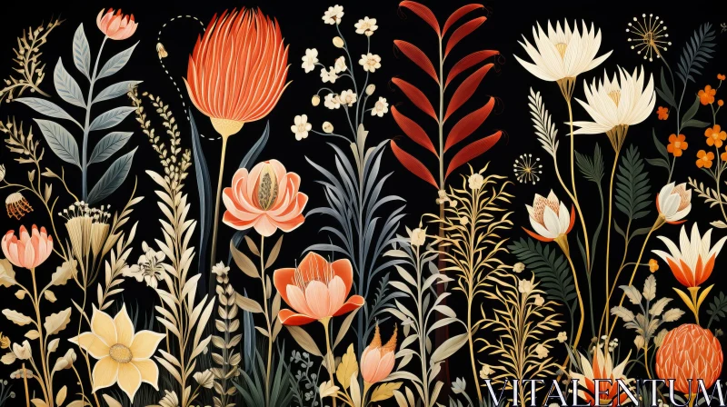 Floral Field Illustration in Golden Age Style against Black Background AI Image