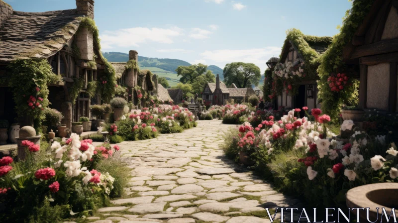 Quaint Floral Village Scene in Medieval Fantasy Style AI Image