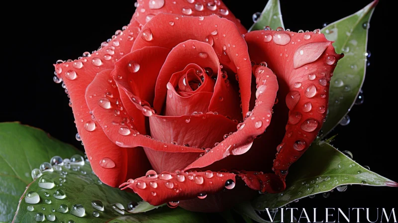 AI ART Romantic Red Rose with Water Droplets - Monochromatic Artwork