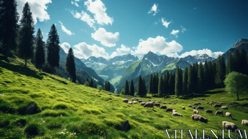 Serene Mountain Landscape with Grazing Sheep and Atmospheric Woodland AI Image