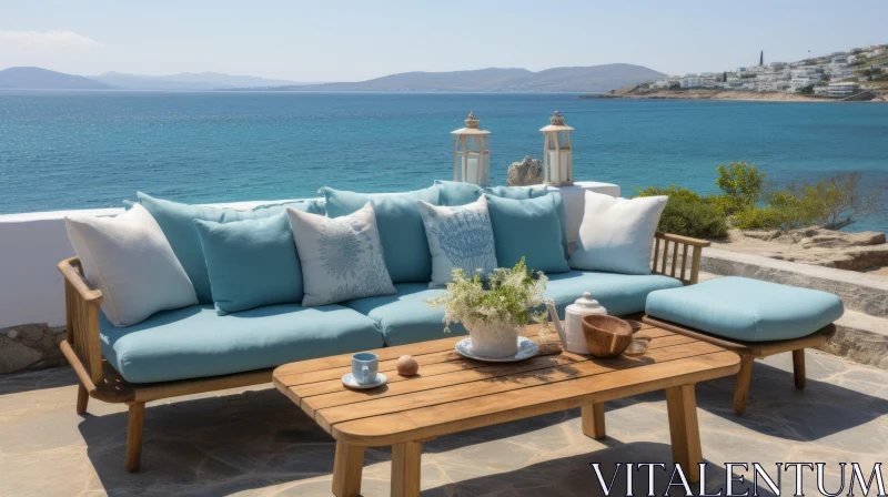 Serene Oceanic Vistas: Blue Cushion on Neoclassicist Sofa AI Image