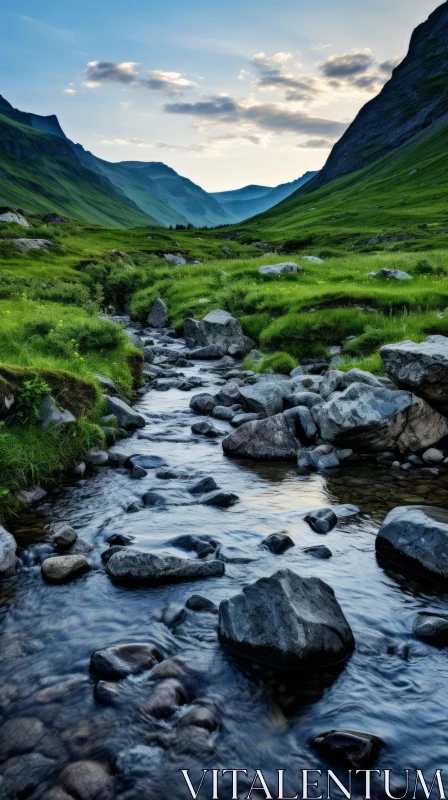 Tranquil Stream in a Green Valley Amongst Majestic Mountains AI Image