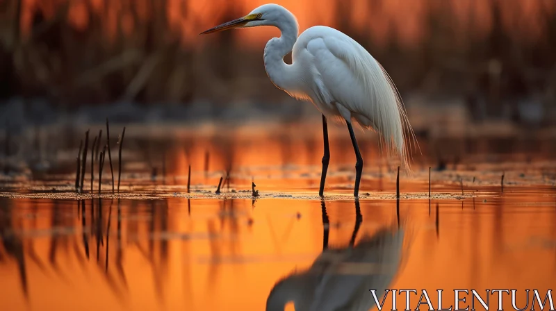 White Egret at Sunset - A Serene Capture in Shallow Waters AI Image