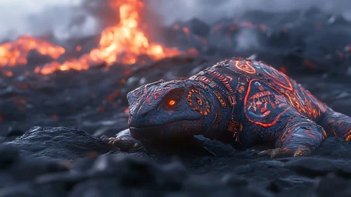 Glowing Turtle in Fiery Landscape