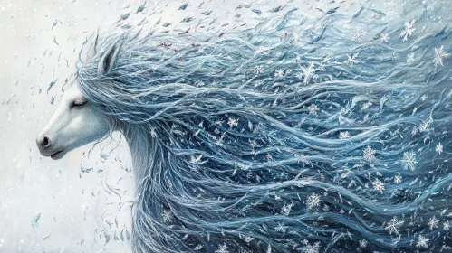 Icy Blue Horse in Winter Snowfall
