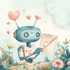 Romantic Robot with Letter and Hearts