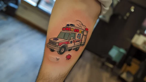 Vibrant Ambulance Tattoo Art on Inner Arm