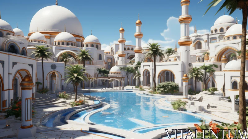 3D Rendered Arabic Structure with Pool - Islamic Art & Architecture AI Image