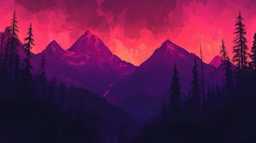 Dramatic Mountain Sunset with Forest Silhouettes