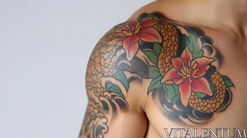 Colorful Shoulder Tattoo with Dragon and Flowers