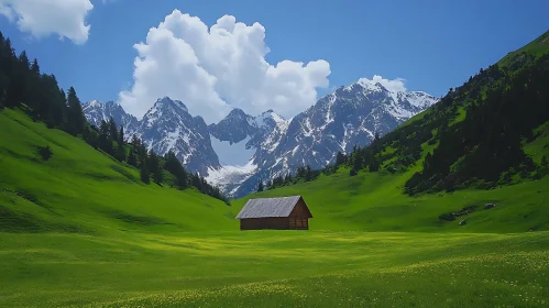 Cabin in Mountain Meadow with Snowy Peaks