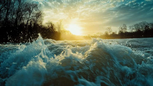 Sunset Over Rushing River Waves