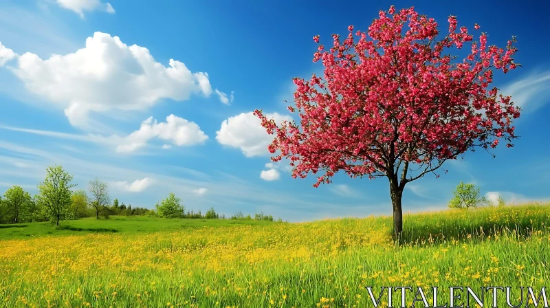 Spring Meadow with Blossoming Tree