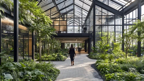 Greenhouse Interior With Walking Woman