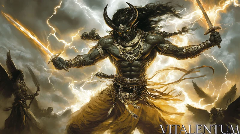 Demon Warrior with Swords Art AI Image