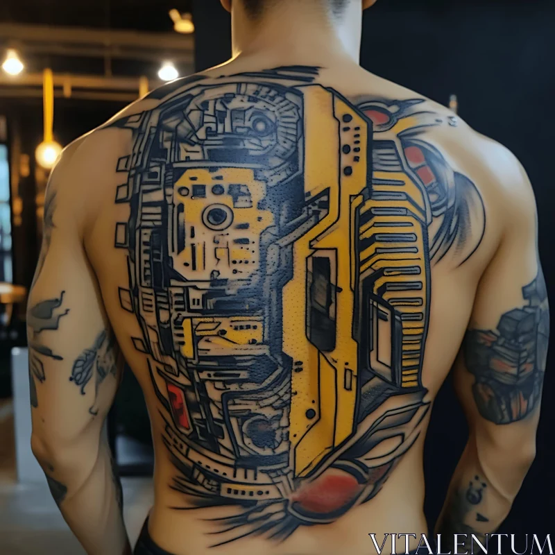AI ART Intricate Robotic Back Tattoo with Yellow Highlights