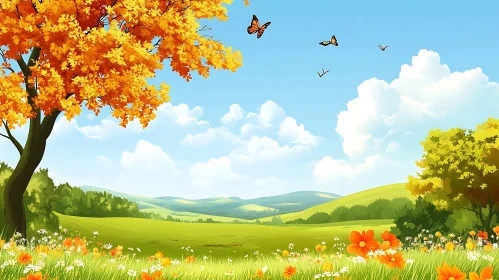 Peaceful Landscape with Butterflies