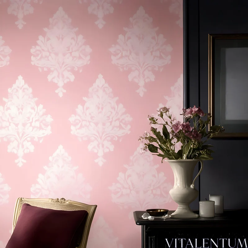 Pink Floral Interior with Vase and Chair