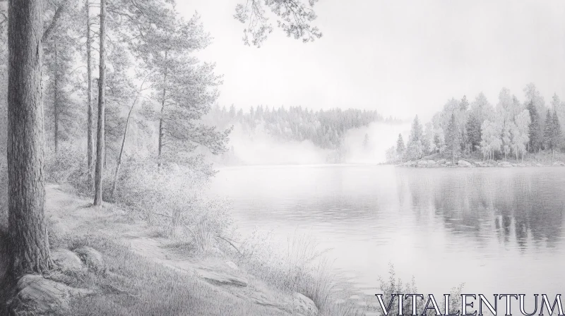 AI ART Serene Lake and Forest Pencil Sketch