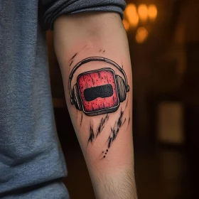 Tattoo of Headphones on Red Square Object with Distressed Effect