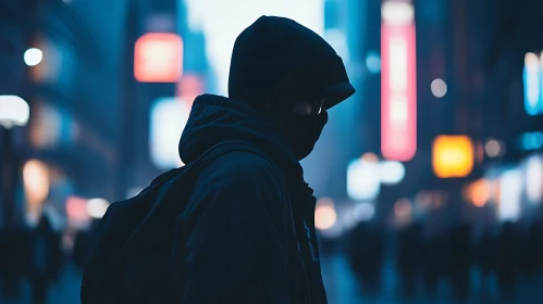Hooded Figure in Urban Nightscape