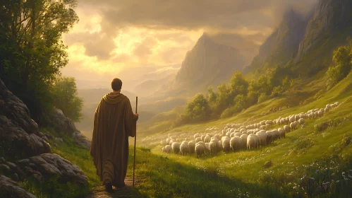 Mountain Shepherd Guiding Sheep