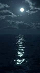 Moonlight Reflections on a Starry Ocean Night