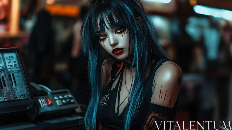 Edgy Woman with Blue Hair in Cyberpunk Setting