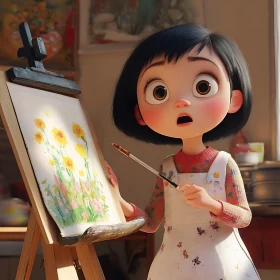 Young Artist with Paintbrush and Easel in Art Studio