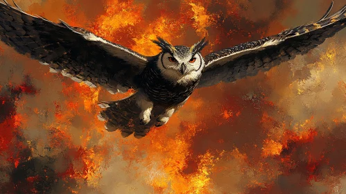 Owl Soaring Through Flames