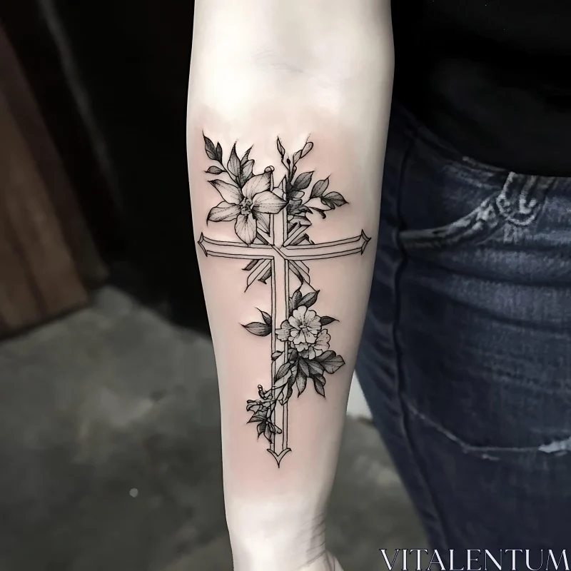 Intricate Forearm Cross and Flowers Tattoo
