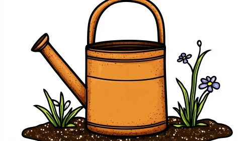 Orange Watering Can with Blue Flowers Artwork