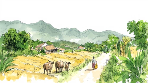 Watercolor Landscape with Water Buffalo and Mountains