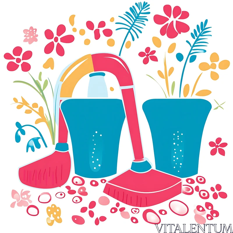 Whimsical Cleaning Tools and Floral Arrangement