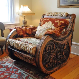 Ornate Carved Armchair with Plush Cushions