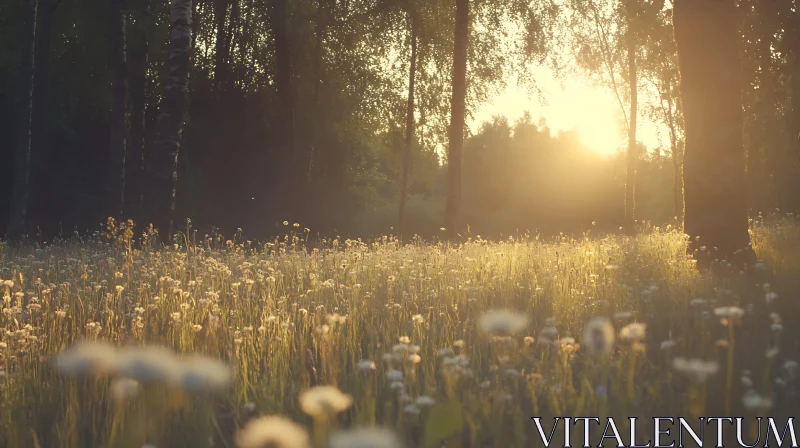 Sunlit Meadow with Wildflowers and Trees AI Image