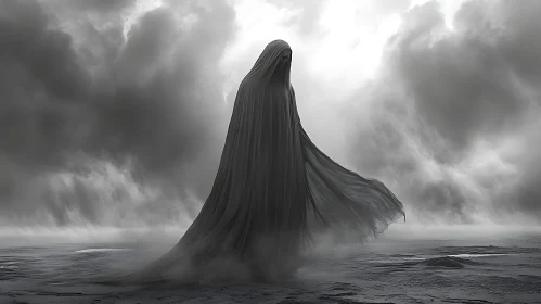 Draped Figure Under Stormy Skies