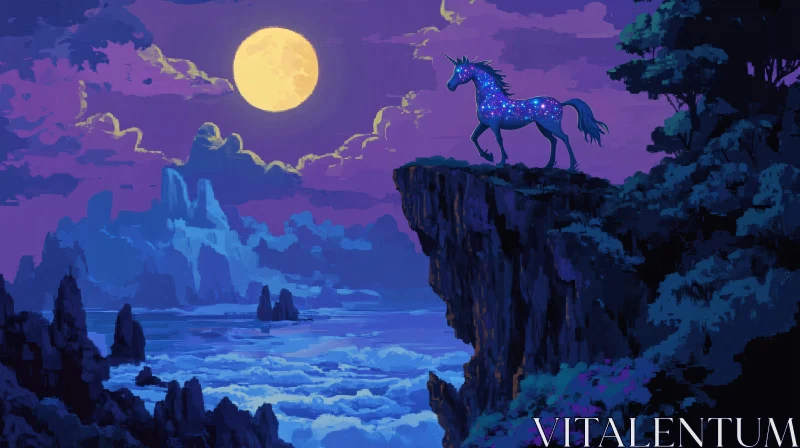 Starry Unicorn on Cliff at Night