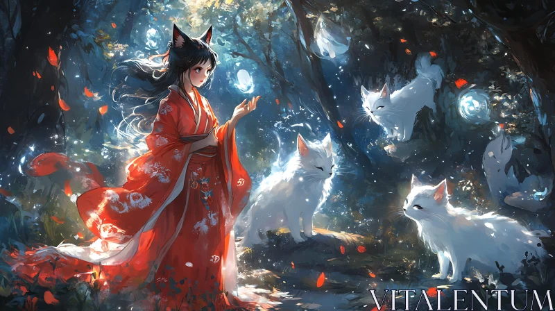 Fox Girl with Cats in Dreamy Forest