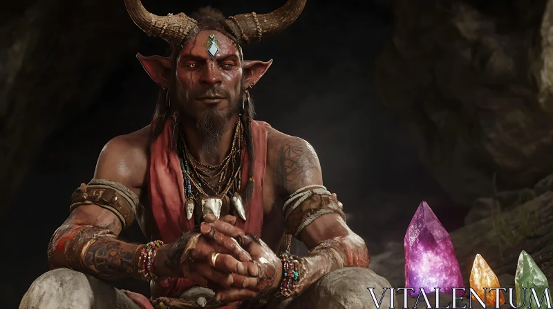 Fantasy Character with Horns and Crystals