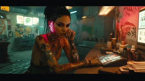 Tattooed Cyberpunk Woman in Futuristic Urban Environment