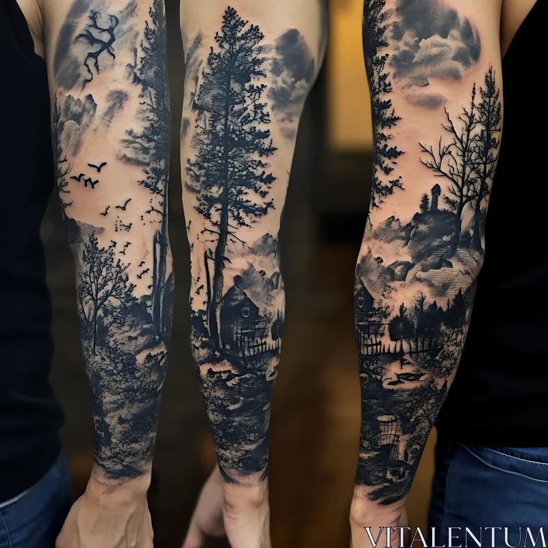 Detailed Arm Tattoo of Forest and Cabin