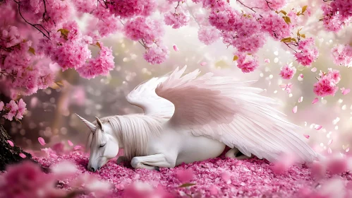 Winged Unicorn Resting Under Cherry Blossoms