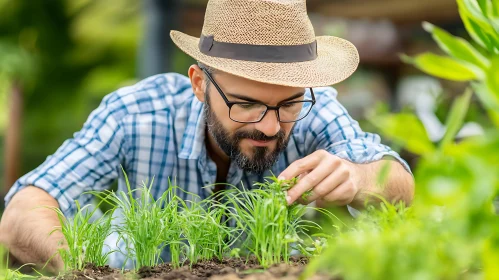 Man Cultivating Seedlings in Garden
