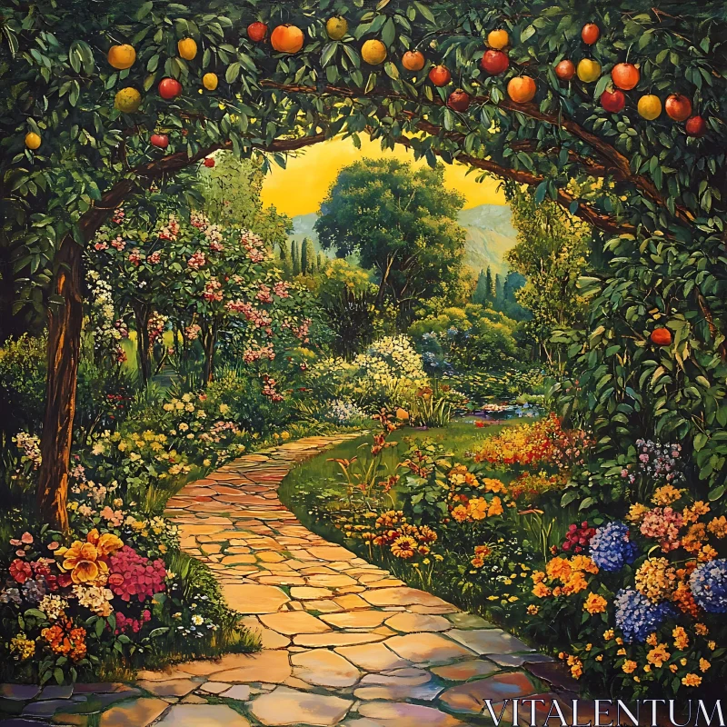 Sunlit Garden Escape with Blossoms AI Image