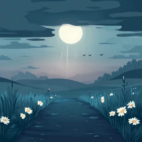 Night Meadow with Daisies and Moonlight