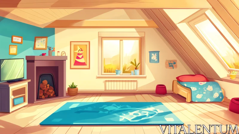 AI ART Cartoon Interior of Cozy Attic Space